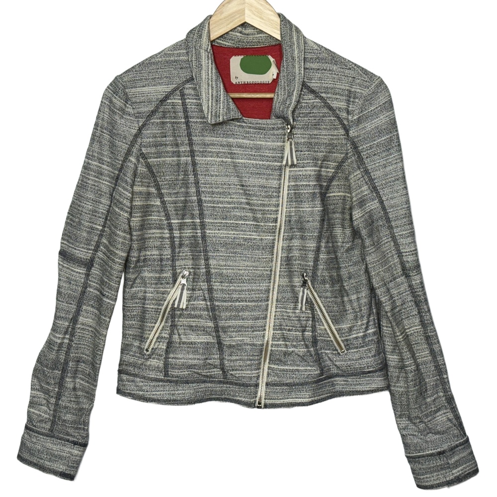 Anthropologie Caitlin Knit Moto Jacket Gray White Striped Zip Coat Size Medium M